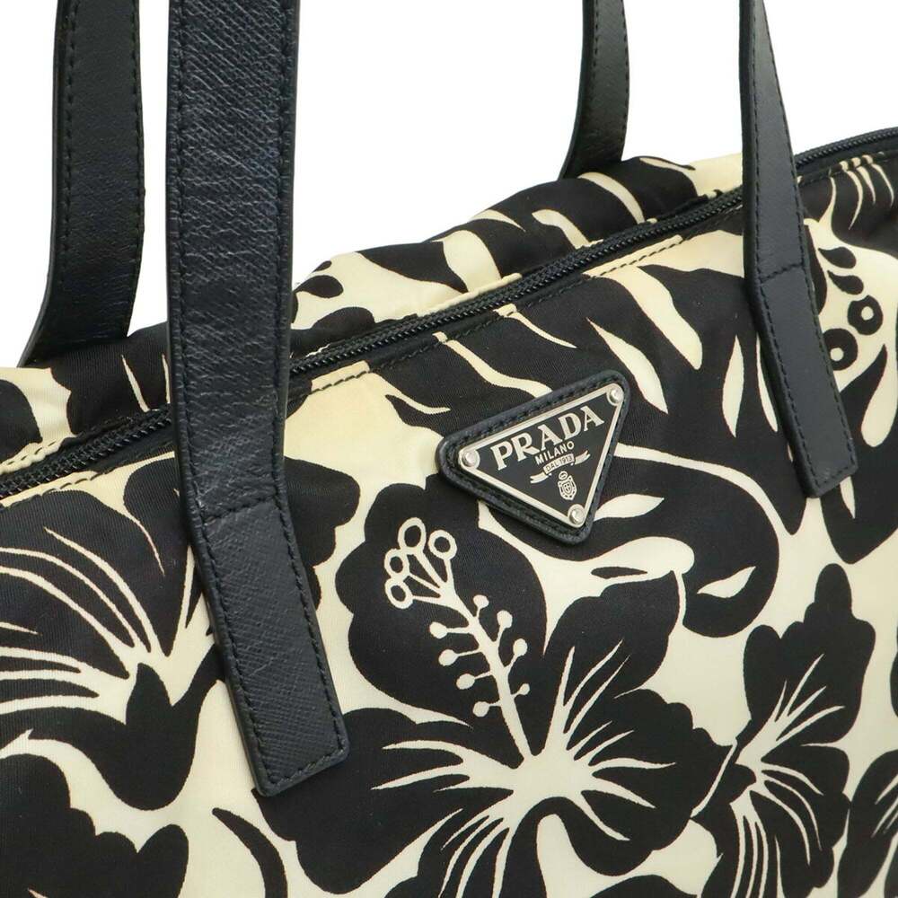 PRADA Prada Tote Bag Shoulder Hibiscus Flower Print Nylon Leather NERO Black ... - Picture 9 of 9